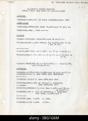 Questo volume contiene iscrizioni del cimitero provenienti da diversi cimiteri dell'Ohio, tra cui Methodist Episcopal Church Cemetery vicino a New Salem, Zeigler Lutheran Church Cemetery, St. Peters Lutheran Church Cemetery e Mt. Pleasant Church Cemetery nella contea di Pickaway. Fa parte della serie Early Vital Records of Ohio, Daughters of the American Revolution. Foto Stock