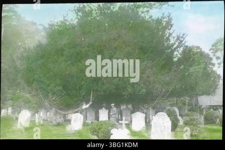 La signora Arras si trova sotto un antico albero di tasso nel cimitero di St. Giles a Stoke Poges, in Inghilterra, si dice sia l'albero in cui Thomas Gray scrisse la sua poesia "Elegy Written in a Country Churchyard". La foto è stata scattata durante il tour europeo della famiglia Arras del 1913. Foto Stock