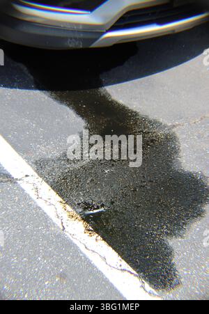 Perdita di olio da asfalto macchiato su un'automobile Foto Stock
