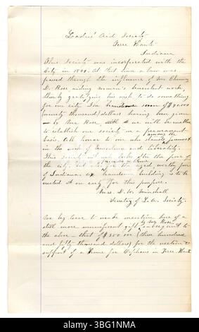 L'Indiana Charities Collection del 1876 contiene resoconti dettagliati di case di beneficenza in tutto lo stato, presentati dal Ladies Centennial Committee per la Centennial International Exposition. Questi rapporti includono informazioni su istituzioni come la casa degli orfani protestanti tedeschi e la casa di Indianapolis per donne amichevoli. Foto Stock