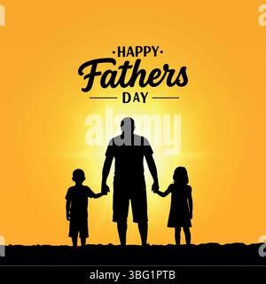Sagoma del padre con i bambini – Happy Father's Day Sunset background Illustration Illustrazione Vettoriale