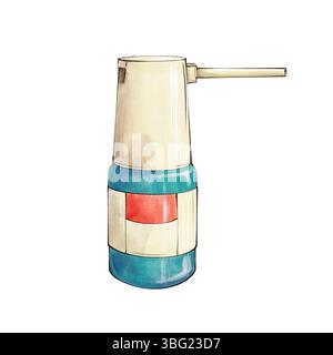 Flacone di aerosol con tappo beige. Нand illustrazione disegnata di spray gola o spray orale isolato su sfondo bianco per la progettazione Foto Stock