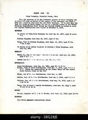 Questo volume del 1948 contiene trascrizioni di lapidi di sei cimiteri nella contea di Franklin, Ohio: Smith Township, Wagner Yard, Twelve Corners, Grandstaff, Houck e Rich Hill. Queste iscrizioni sono fondamentali per comprendere la storia locale e condurre ricerche genealogiche. Foto Stock