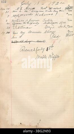 Pagina 159 del registro di Camp Chesterfield fornisce resoconti scritti delle prenotazioni degli ospiti e delle assegnazioni delle camere. Foto Stock