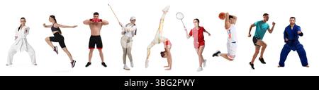 Persone impegnate in diverse attività sportive su sfondo bianco, collage Foto Stock