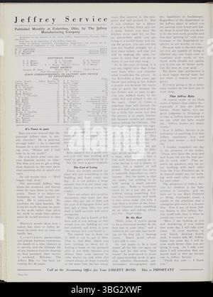 La newsletter Jeffrey Service, volume 5, da settembre 1918 ad agosto 1919, include notizie sulle attrezzature minerarie e sulle attività dei dipendenti. Mette in evidenza squadre sportive organizzate, gruppi ricreativi ed eventi sociali come balli e spettacoli musicali. Il volume contiene fotografie e disegni dell'impianto, delle attrezzature, dei lavoratori e delle loro famiglie. Copre anche notizie in tempo di guerra relative alla prima guerra mondiale e ai dipendenti che hanno prestato servizio. La pubblicazione è un utile documento storico per la Jeffrey Company e Columbus. Foto Stock