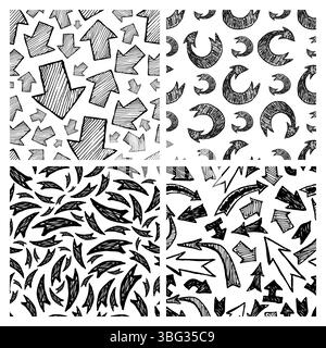 Motivo senza cuciture con frecce nere disegnate a mano. Set di quattro sfondi astratti creativi. Illustrazione vettoriale Illustrazione Vettoriale
