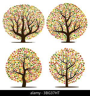 Set di quattro alberi autunnali con foglie gialle, arancioni, marroni e verdi. Illustrazione vettoriale Illustrazione Vettoriale