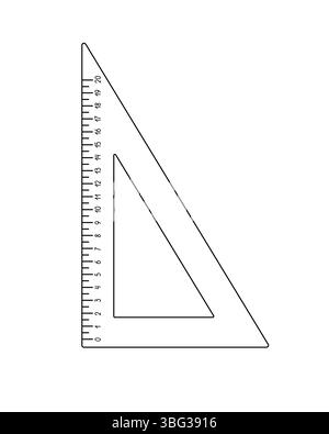 Strumento di misurazione con righello triangolare scolastico per lezioni di matematica illustrazione vettoriale con contorno disegnato a mano, oggetto vocabolario Back to School, immagine lineare con fumetto in scala centimetrica Illustrazione Vettoriale