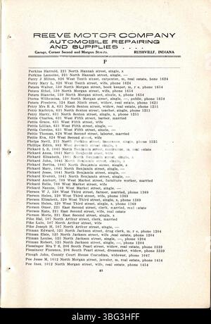 Questa pagina del 1911 della città di Rushville e dell'elenco telefonico include elenchi di aziende e chiese, pubblicità e una storia della scuola pubblica e delle chiese di Rushville. Foto Stock