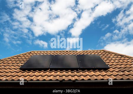 Pannelli solari pv celle sul tetto a pannelli di un cottage Norfolk. NB: I locali nella fotografia sono proprietà liberate. Foto Stock
