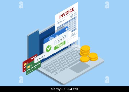 Concetto di pagamento delle fatture mobili Isometriche. Illustrazione vettoriale isometrica di bolletta elettronica, smartphone, icone di valuta e busta di notifica per Illustrazione Vettoriale