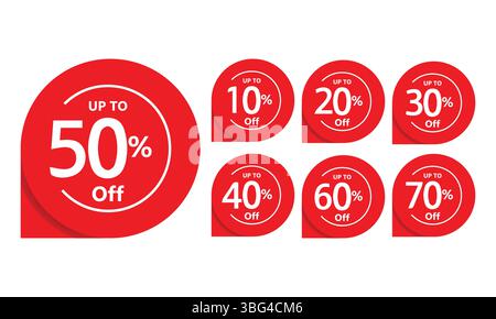 Set di badge di sconto rosso – percentuale di sconto sulla raccolta di etichette di vendita , diversa percentuale di sconto adesivo prezzo di sconto set di etichette. Illustrazione Vettoriale