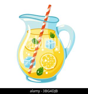 Caraffa di vetro con limonata, fette di limone, cubetti di ghiaccio, menta e paglia a righe. Illustrazione isolata del vettore cartoni animati Illustrazione Vettoriale
