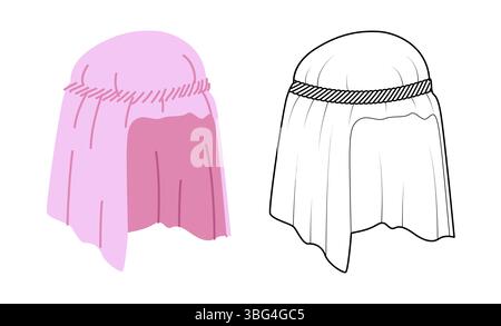 Cappello Keffiyeh con banda. Muslim Head sciarpa Moda accessorio cappellino abbigliamento illustrazione tecnica. Copricapo vettoriale per uomo, donna, stile unisex, modello piatto CAD mockup contorno di schizzo isolato Illustrazione Vettoriale