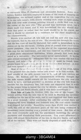 La pagina 10 del manuale di Hyman del 1909 fornisce una narrazione illustrata sulla fondazione di Indianapolis, la crescita civica e importanti edifici pubblici, parte di una storia pittorica della città. Foto Stock