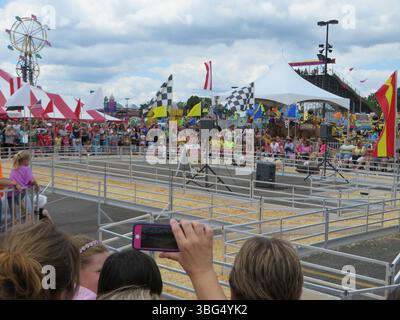 Corse di maiali alla fiera statale dell'Ohio, che si tiene a Kiddieland. Le gare sono caratterizzate da tre diverse razze di maiali e si svolgono più volte al giorno. Le "Show-me Sine Pig Races" sono iniziate nel 1980 e l'evento continua ogni anno come parte delle attrazioni della fiera. Foto Stock