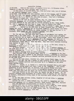 Questa sezione di *Notes on Marysville Tribune* include ulteriori abstract dal giornale, che coprono il periodo dal 3 aprile 1850 al 5 settembre 1860. Compilato da Margaret Bouic, continua la storia storica di questioni locali, eventi e storia regionale riportata nel *Marysville Tribune*. Foto Stock