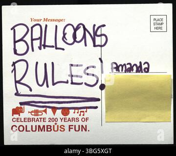 Questa cartolina del 2012 è stata creata dal Summer Reading Club VolunTeen per celebrare il 200° anniversario di Columbus, Ohio, durante la celebrazione del bicentenario. Foto Stock