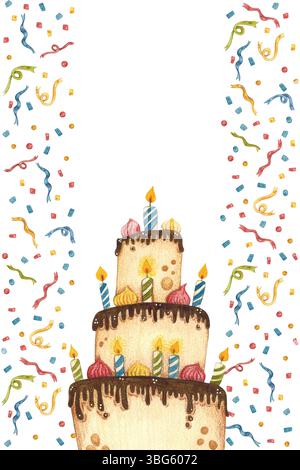 Cornice verticale in nastri e coriandoli con una torta al centro Foto Stock