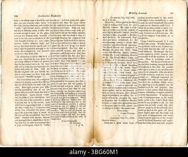 Il numero di agosto 1868 del mensile The Brotherhood of Locomotive Engineer's Monthly Journal mette in evidenza articoli di interesse generale per gli ingegneri delle locomotive e i dipendenti delle ferrovie. Questa edizione include aggiornamenti nazionali e locali, insieme a note sulle problematiche specifiche della divisione riguardanti la gestione ferroviaria, le condizioni di lavoro e le attività del reparto locomotive. Foto Stock