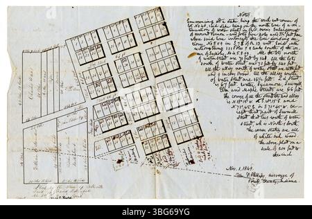 Questa pagina presenta la mappa plat di Belleville, Mount Vernon, Indiana, che mostra la sezione della città progettata da David T. Kimball nel 1849. La mappa è stata presentata da Kimball a Nathaniel J. Lord, giudice di pace, nel 1849 e include una mappa disegnata a mano dal 1870, che fornisce uno sguardo sul primo sviluppo di Belleville. Foto Stock