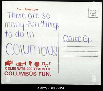 Questa cartolina del 2012 è stata creata da VolunTeen per celebrare il Bicentenario di Columbus, Ohio, e commemorare il 200° anniversario della città attraverso il Summer Reading Club. Foto Stock