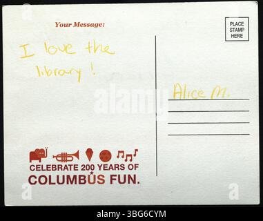 2012 cartolina creata da un Summer Reading Club VolunTeen per commemorare il 200° anniversario di Columbus, Ohio, come parte delle celebrazioni del bicentenario della città. Foto Stock