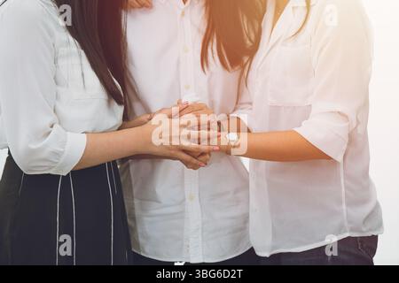 le donne che tengono la mano insieme per consolarsi, gli amici simpatia, la famiglia incoraggiano il concetto consapevole Foto Stock