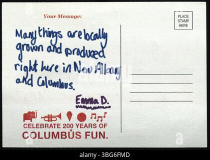 2012 cartolina creata da un Summer Reading Club VolunTeen per commemorare il 200° anniversario di Columbus, Ohio, come parte delle celebrazioni del bicentenario della città. Foto Stock