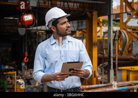 Ritratto ingegnere edile ispanico indiano lavoratore maschile nel cantiere con elmetto di sicurezza e tablet computer Foto Stock