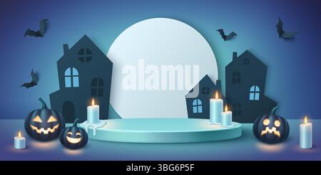 Scena del podio per la festa di Halloween: Piattaforma turchese con sagome spaventose, sfondo lunare incandescente, zucche intagliate con candele tremolanti, pipistrelli volanti sopra. Fase di presentazione del prodotto. Illustrazione Vettoriale