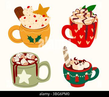 Collezione di tazze da caffè natalizie - tazze con panna montata decorate con biscotti stellati, marshmallow e stecca di cannella. Durante le vacanze invernali, potrai gustare una cioccolata calda o un cappuccino in ceramica. Illustrazione Vettoriale