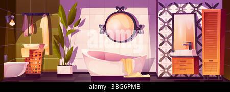 Elegante ambiente interno del bagno in cartone animato con vasca bianca, specchio rotondo, armadietto in legno contro pareti piastrellate decorative. Cestino per la lavanderia e piante in vaso, asciugamani appesi in un'accogliente atmosfera spa. Illustrazione Vettoriale