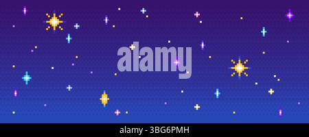 Pixel Stars sullo sfondo del cielo notturno: Forme colorate e brillanti a 8 bit. Elementi cosmici pixelati retrò, sprite videoludiche per avventure spaziali e giochi arcade. Beni celesti nostalgici minimalisti. Illustrazione Vettoriale