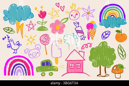 Set di disegni per bambini pastello - colorate scarabocchi di nuvole e arcobaleno, fiori e animali, casa e auto, gelati e caramelle, alberi e funghi. Allegre fotografie disegnate a mano per il design dei bambini. Illustrazione Vettoriale