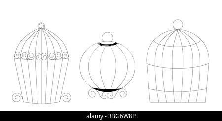 Gabbia per uccelli in stile doodle e line art collezione di schizzi disegnati a mano di gabbie metalliche per uccelli di diversi tipi e dimensioni per la decorazione domestica vettoriale Illustrazione Vettoriale