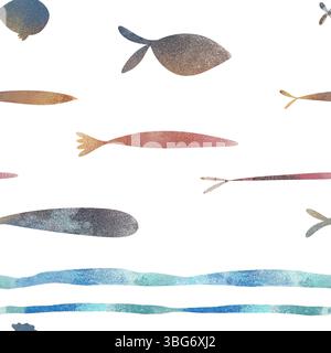 Motivo e bordo senza cuciture con pesci colorati in stile acquerello, adagiati su linee blu ondulate. Illustrazione digitale disegnata a mano per l'arredamento dei bambini, libro Foto Stock