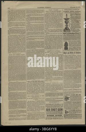 Questa pagina di Harper's Weekly, 14 ottobre 1876, include due immagini. La prima mostra la statua di William H. Seward a Madison Square, New York, e la seconda mostra una riunione dei soldati a Indianapolis, Indiana. Un paragrafo sull'immagine della riunione è incluso in quattro colonne. La pagina contiene anche altre notizie e lacrime riparate in alto. Foto Stock