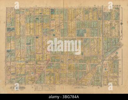 Il piano #8 del Baist Atlas di Indianapolis del 1916 mostra i dettagli delle strutture stradali, l'uso del terreno e le divisioni immobiliari in una sezione specifica della città. Fornisce informazioni sulla pianificazione urbana e la suddivisione in zone durante l'inizio del XX secolo, illustrando la struttura e lo sviluppo dell'area in quel momento. Questa mappa aiuta ad analizzare i modelli di crescita di Indianapolis e funge da riferimento storico. Foto Stock