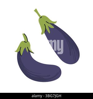 Due melanzane viola con gambi verdi illustrate in uno stile cartoni animati piatto e giocoso su sfondo bianco, ideali per progetti a tema gastronomico e. Illustrazione Vettoriale
