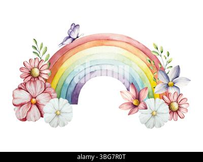 Acquerello arcobaleno disegnato a mano magica clipart con fiori primaverili e rami con foglie. Acquerello gerbera, camomilla, echinacea isolato su Foto Stock