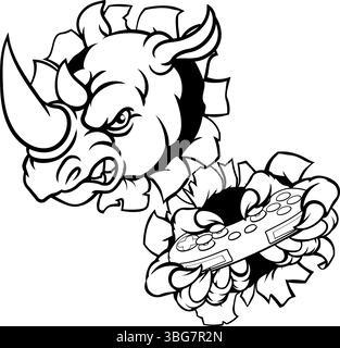 Rhino Gamer mascotte Controller di contenimento Illustrazione Vettoriale