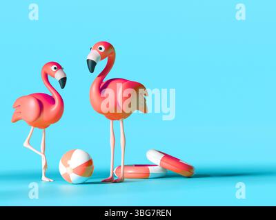 Fenicotteri 3D con Beach Ball e Lifebuoy Foto Stock