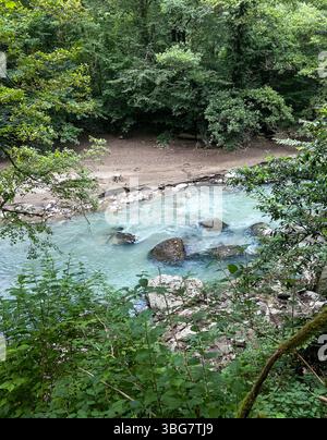 fiume calmo con acque turchesi con rocce lisce e sponde sabbiose in una foresta vibrante, momenti tranquilli nella natura e avventure all'aria aperta, bellezza Foto Stock