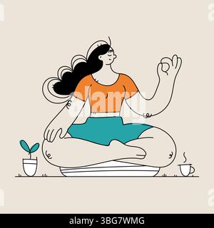 Una donna dei cartoni animati siede in posizione di loto meditando, trasudando calma. Una pianta piccola e una tazza di caffè a vapore sono sui lati, contribuendo a creare Illustrazione Vettoriale