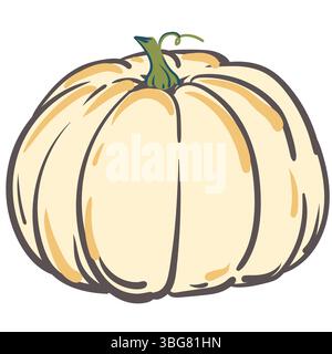 Zucca autunnale vettoriale. Zucca bianca disegnata a mano isolata su bianco. Illustrazione per Halloween, elementi di design del Ringraziamento. Stile piatto. Illustrazione Vettoriale