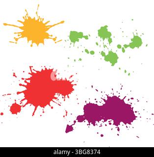 I vibranti spruzzi di vernice arancione, verde, rosso e viola creano un divertente tocco artistico per i tuoi progetti di design con energia dinamica e modernità Illustrazione Vettoriale