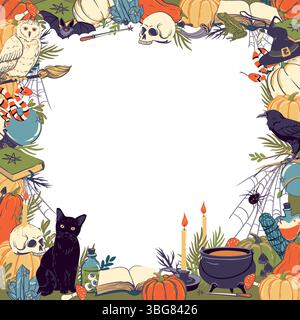 Incorniciatura con oggetti magici, decorazioni di Halloween. Modello con stregoneria e prodotti della stregoneria, calderone, grimoire, pozione, elisir, teschio, palla magica, gatto, serpente, gufo, rospo, ragno. Vettore. Illustrazione Vettoriale