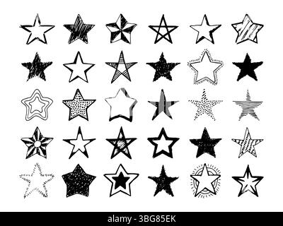 Doodle star. Set di trenta stelle nere disegnate a mano isolate su sfondo bianco. Illustrazione vettoriale Illustrazione Vettoriale